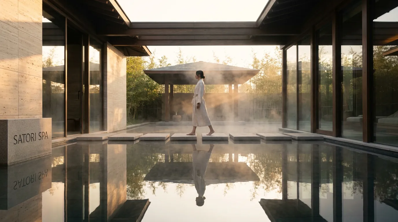Dawn over a still reflection pool, a robed figure and drifting mist