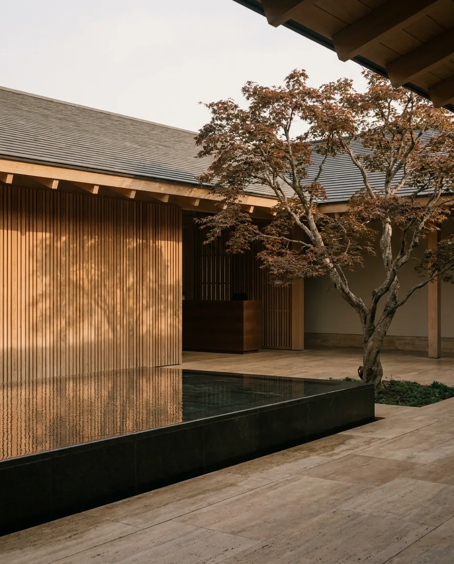 Arrival court — reflecting pool, maple, cedar wall