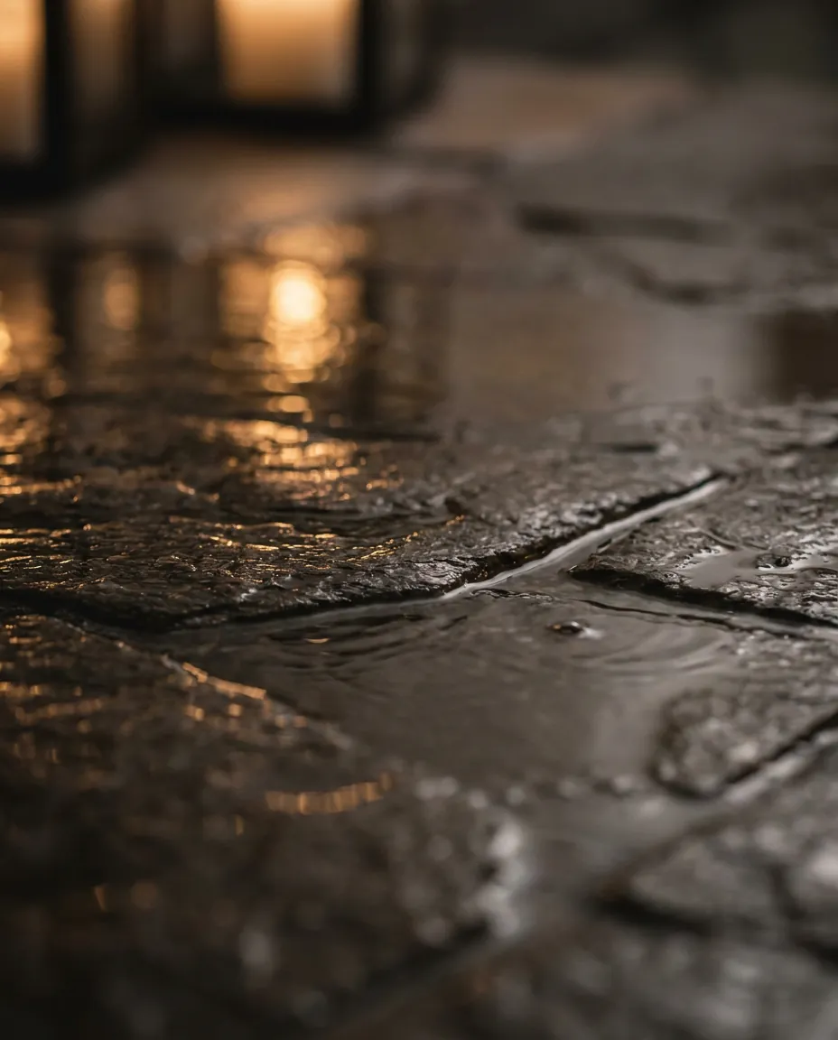 Wet basalt — lantern reflection