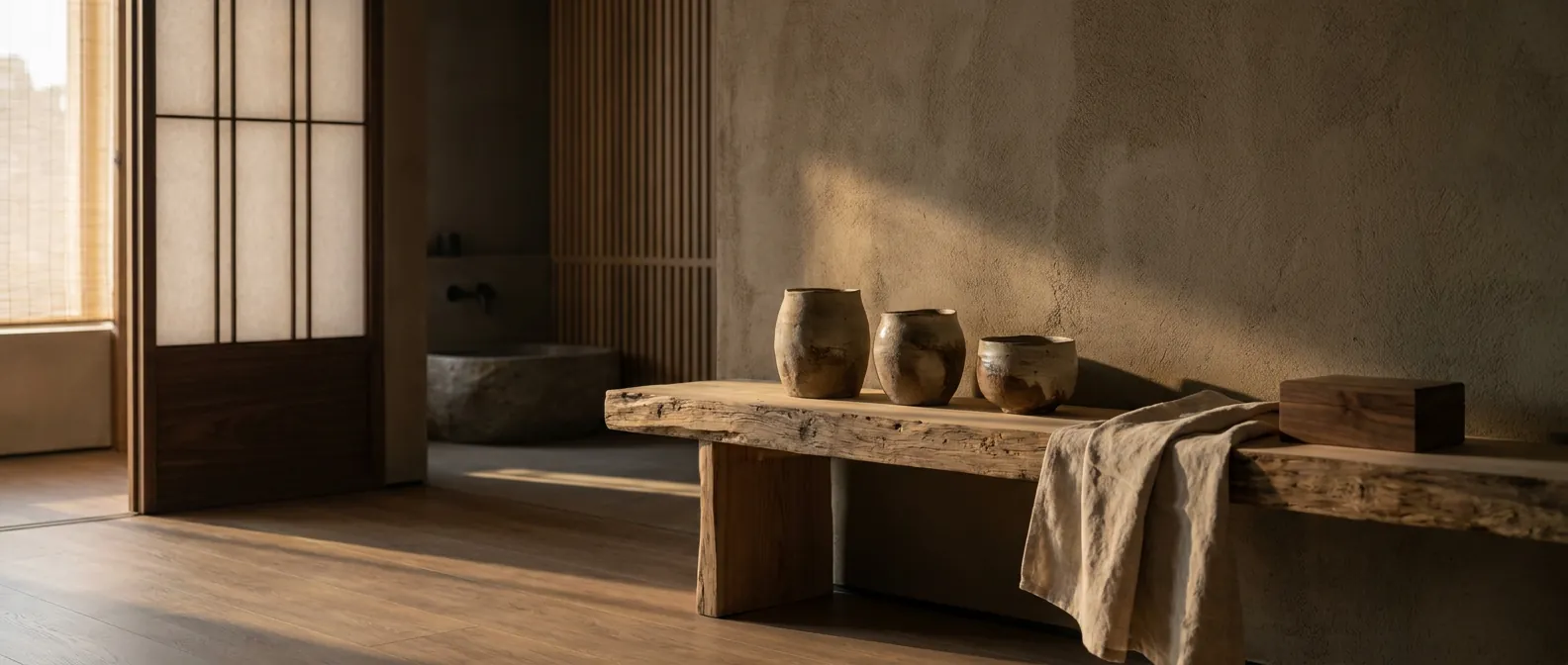 Hinoki and handmade ceramic — shadow as privacy