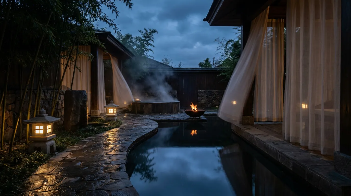 Night sanctuary — blue hour, lanterns, dark pool